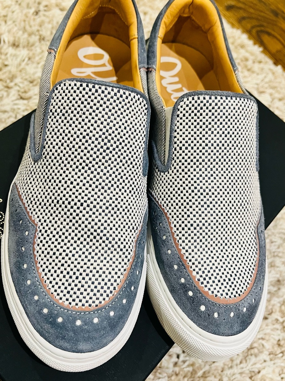 TOAS Slip-On Casual Sneakers in light Denim and white with pink trim.